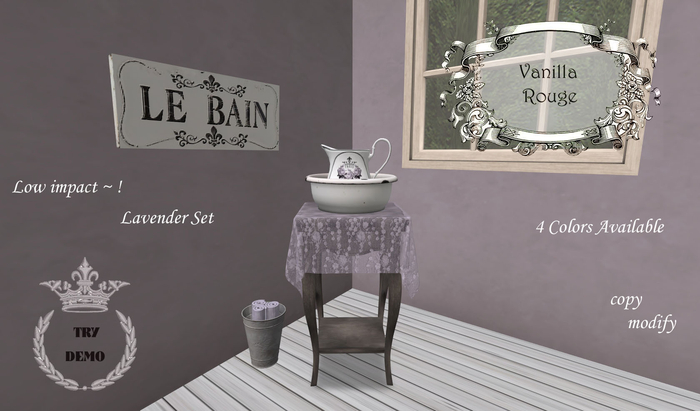 Victorian Wash Stand with Towels & Wood Sign LAVENDER boxed