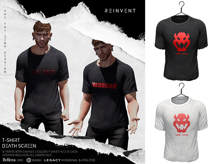 REINVENT I Death screen t-shirt I S-Mario [Belleza Jake, Signature Gianni, Legacy male (original & athletic)]