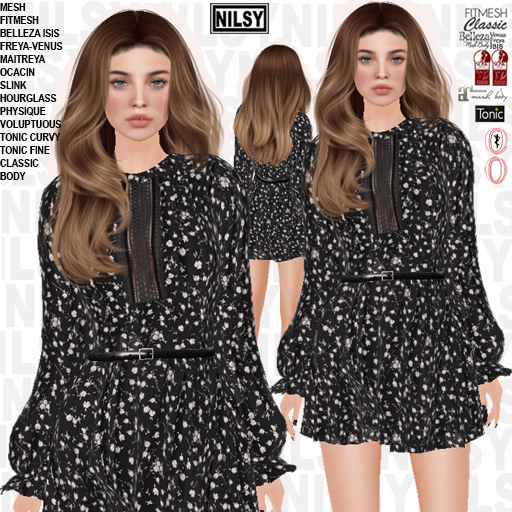 FLARED DITSY DRESS WITH BELT,ALL BODIES
