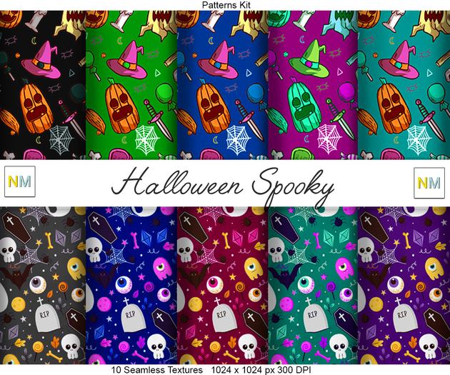 Halloween Spooky Patterns Kit 10 Seamless Textures NM
