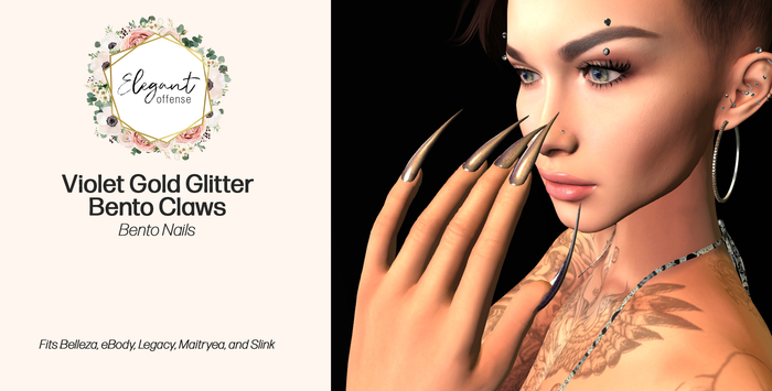 Elegant Offense: Violet Gold Glitter Bento Claw Nails