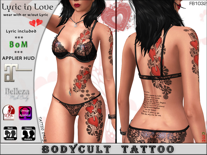 BodyCult Tattoo HEARTS Lyric In Love - BoM