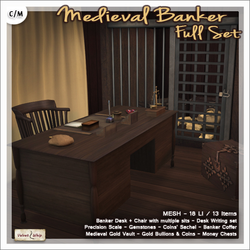[V/W] Medieval Banker Full Set - Desk, vault, coffers & money, accessories - Mesh furniture - 