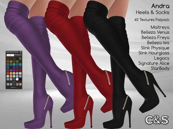 PROMO - C&S Andra Heels & Socks for Maitreya Lara, Slink, Belleza, Legacy, Signature, StarBody. 40 Text HUD. Mix & Match