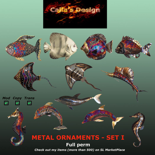 Metal ornaments - Set I - Fish, dolphins, seahorses