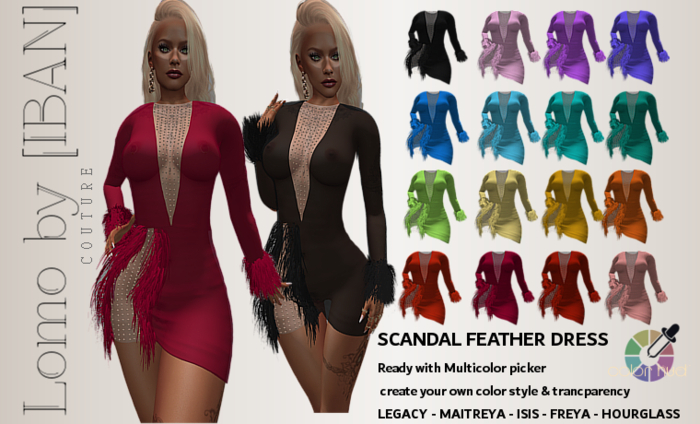 [ IBAN ] //317 DRESS SCANDAL FEATHER FATPACK w/HUD ALL COLORS LEGACY MAITREYA ISIS FREYA HOURGLASS PROMO !!!