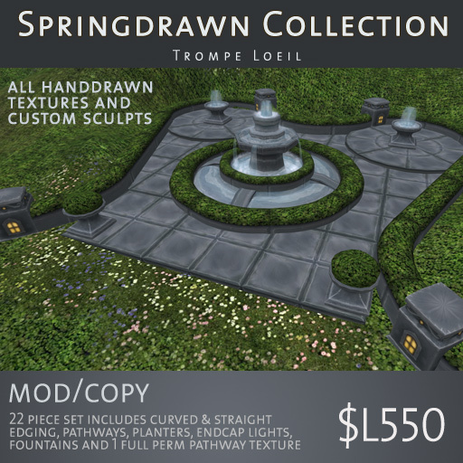 Trompe Loeil - Springdrawn Gray Stone Fountain, Edging, Paths & Planters Set