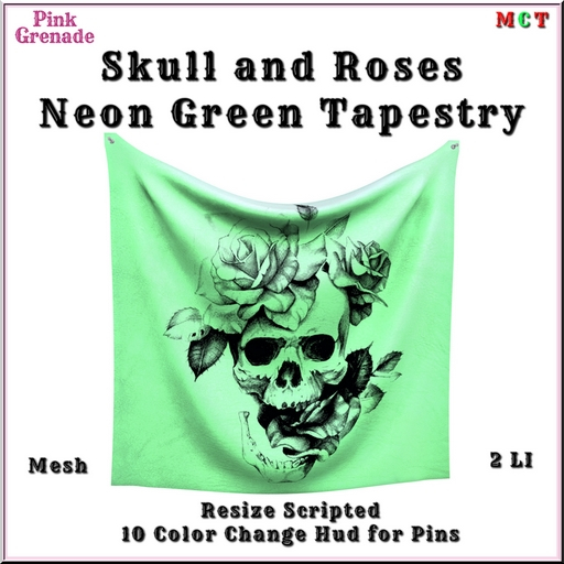 .:{Pink Grenade}:. Skull and Roses Neon Green Tapestry  (add)