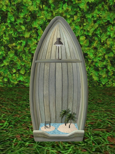 Boot mit Palmen, Strand und Lampe