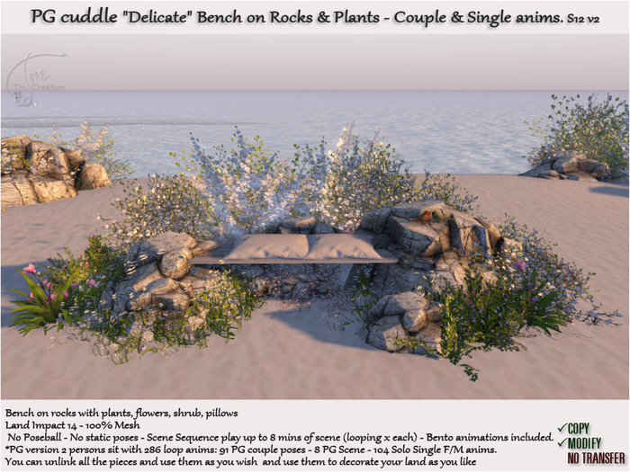 Bench Wood w/ Rocks Flowers. PG Cuddle Single anims. Delicate S12