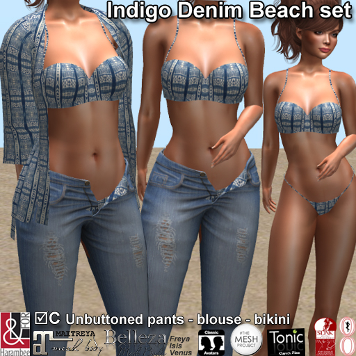 Indigo Denim Ethnic Beach set (jeans-blouse-bikini) Add