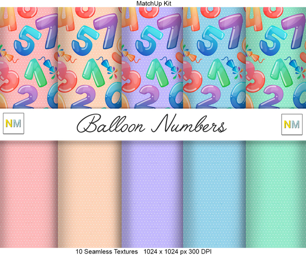 Balloon Numbers Matchup Kit 10 Seamless Textures NM