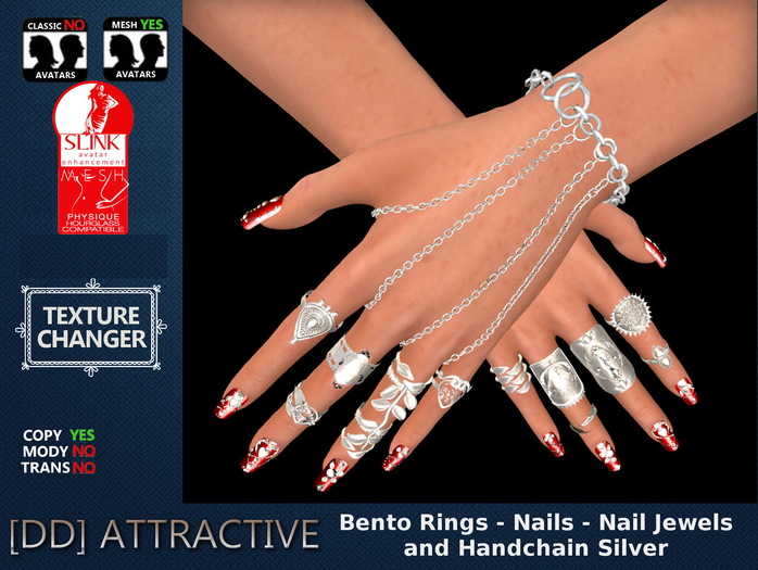 [DD] Bento Rings - Nails - Nail Jewels - Hand Chain Silver Slink Complete Hand Set with Texture Changer