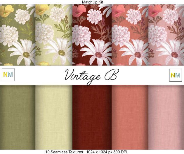 Vintage B Matchup Kit 10 Seamless Textures NM Autumn Matte Fabrics with Flowers