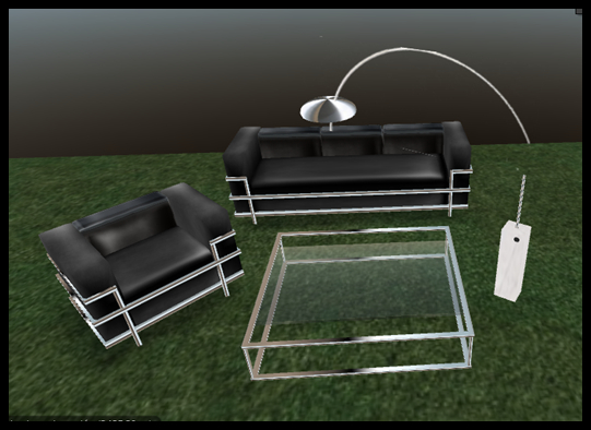 SOFA, ARMCHAIR, TABLE & SILVER  ARC LAMP
