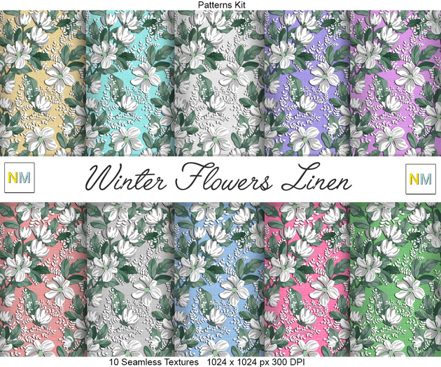 Winter Flowers Linen Patterns Kit 10 Seamless Textures NM
