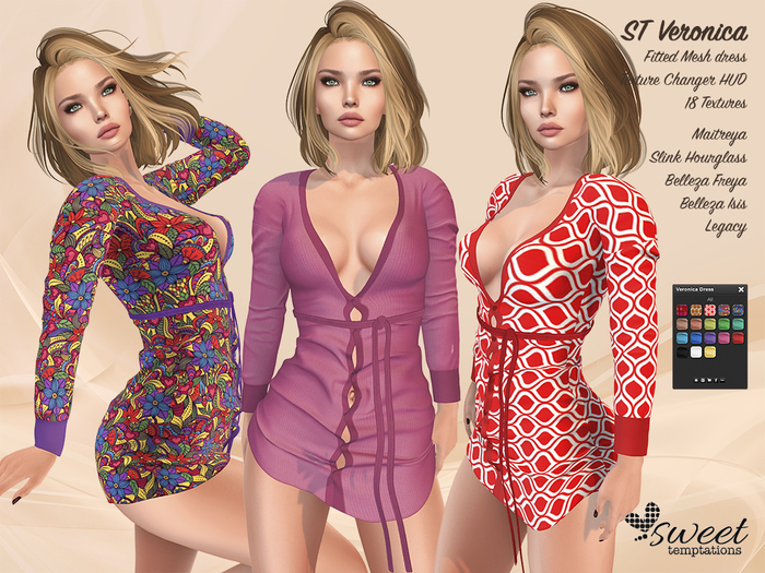 ST :: Veronica Dress for Maitreya Lara, Slink ( H), Belleza ( I, F) and Legacy. 18 Tex HUD.