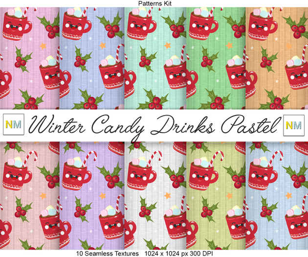 Winter Candy Drinks Pastel Patterns Kit 10 Seamless Textures NM