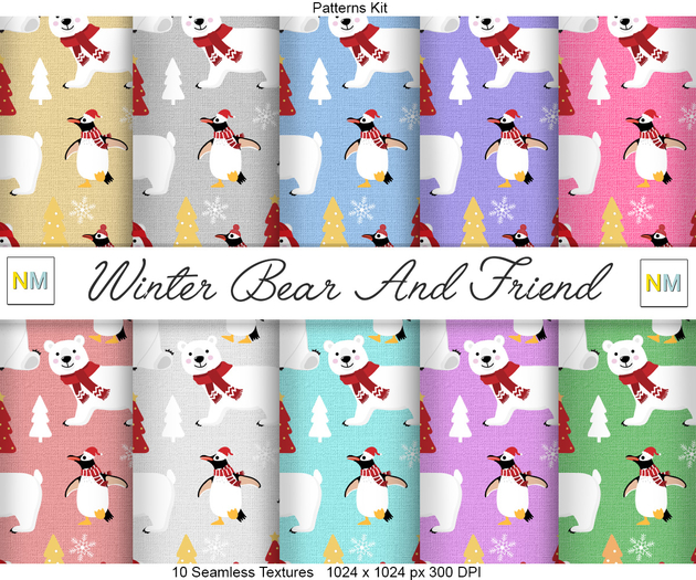 Winter Bear And Friend Patterns Kit 10 Seamless Textures NM Winter Snow Fabrics