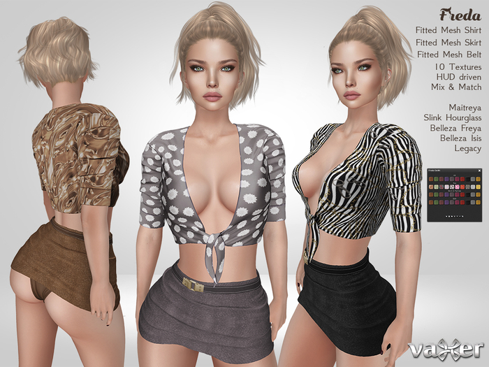 PROMO - Vaxer : Freda Outfit - Maitreya Lara, Slink (H), Belleza (I, F) and Legacy. 10 Text. Mix & Match