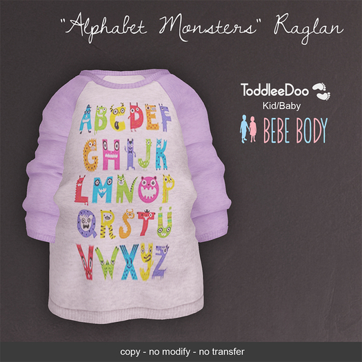 LeMomo: "Alphabet Monsters" Raglan [TD Kid-Baby/Bebe]