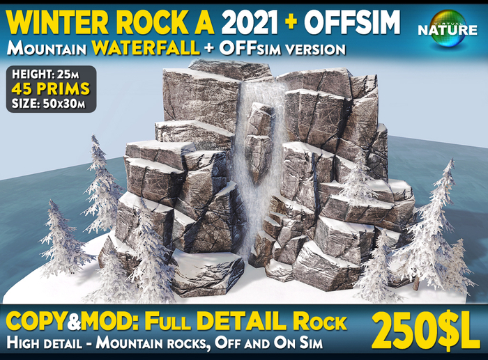Winter Waterfall ROCK A 2021: Waterfall mountain + OFFSIM version, snow spruce pine trees