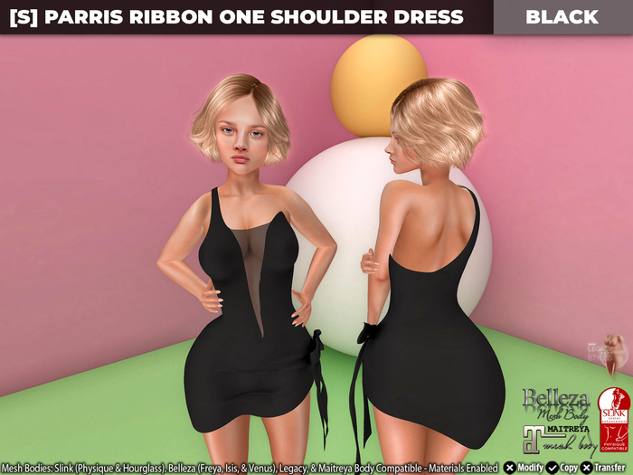 [S] Parris Ribbon One Shoulder Dress Black