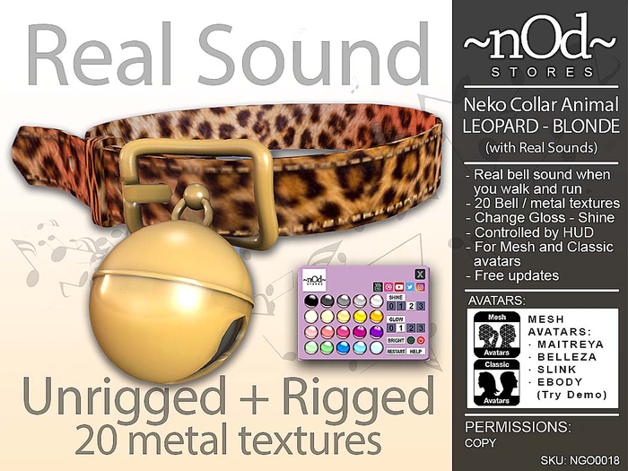 ~nOd~ Neko Collar Animal LEOPARD Blonde [Real Bell Sounds] [20 Metal Colors HUD] [Rigged + Unrigged] 