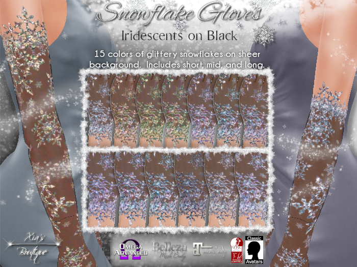 Snowflake Gloves Iridescent Glitter on Black