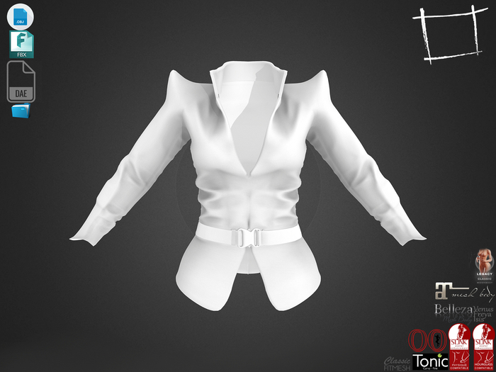 Dae Obj FBX For Standing Collar and Shoulders Closed Front Jacket With Belt Slink, Maitreya, Belleza