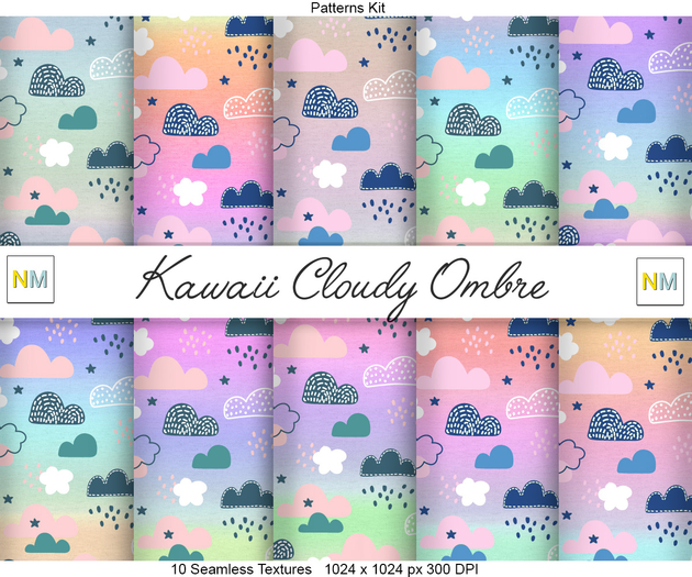 Kawaii Cloudy Ombre Patterns Kit 10 Seamless Textures NM