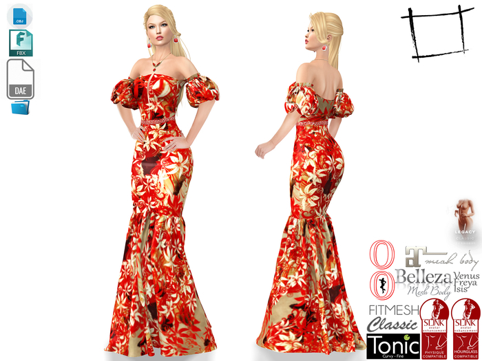 Dae Obj FBX For Puffy Sleeves Off Shoulder Mermaid Gown Slink, Maitreya, Belleza,Tonic, Legacy,