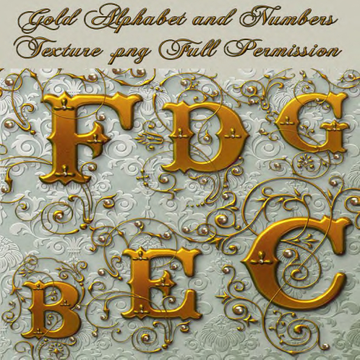 [FP] High Quality Alpha Texture Gold Decorated Numbers & Alphabet (A-Z 0-9 punctuation marks) FULL PERM for Builders 
