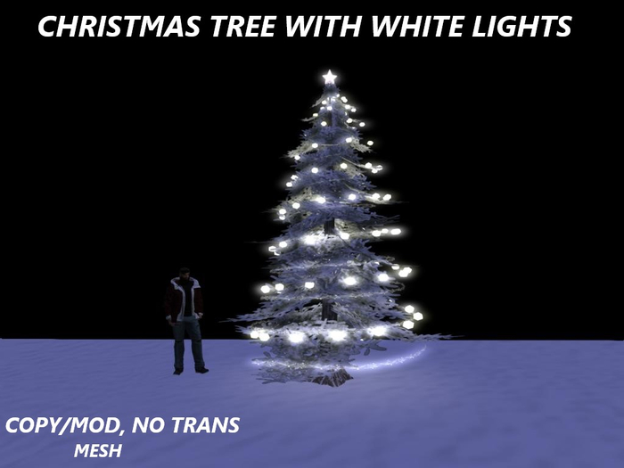 CHRISTMAS TREE WITH WHITE LIGHTS AND RIBBON