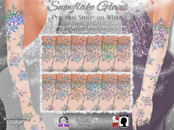 Snowflake Gloves Precious Stone Glitter on White