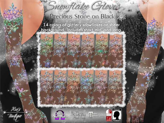 Snowflake Gloves Precious Stone Glitter on Black