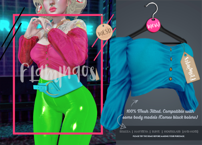 *Flamingos* - Sleeve Cropped Blue