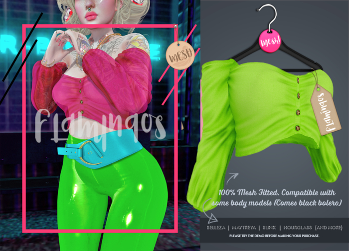 *Flamingos* - Sleeve Cropped Green