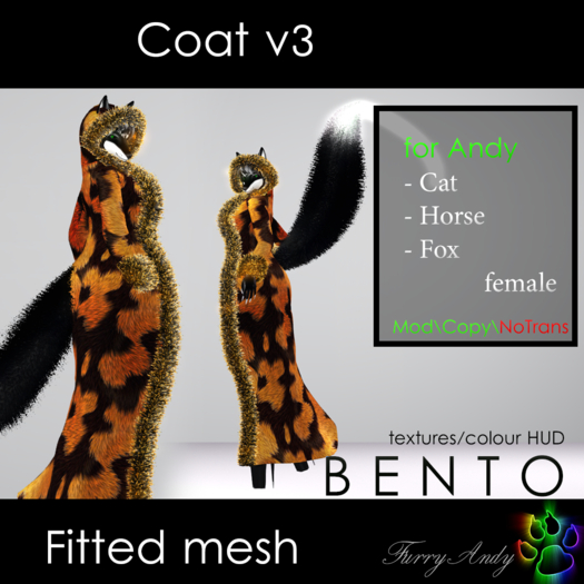 Second Life Marketplace - Furry Andy - Coat v3 for Andy Cat/Horse/Fox