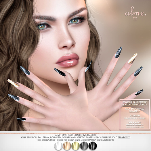 alme. Mesh Rounded Nails - Basic Metallics (boxed)