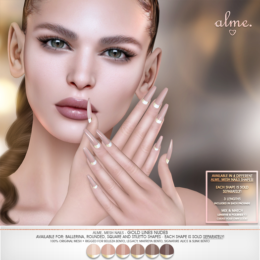 alme. Mesh Rounded Nails - Gold Lines Nudes (boxed)