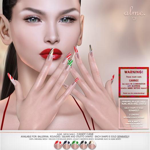 alme. Mesh Square Nails - Candy Cane (boxed)