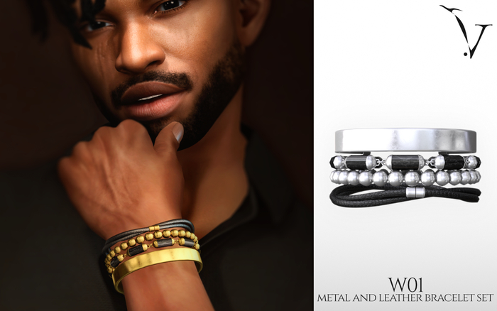 veyard W01 metal and leather bracelet set - silver