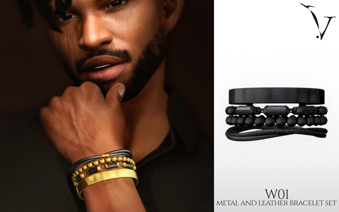 veyard W01 metal and leather bracelet set - black