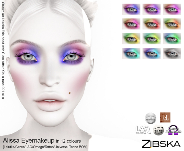 Zibska ~ Alissa Eyemakeup in 12 colors with Lelutka, Catwa, LAQ, Omega appliers and tattoo & universal tattoo BOM