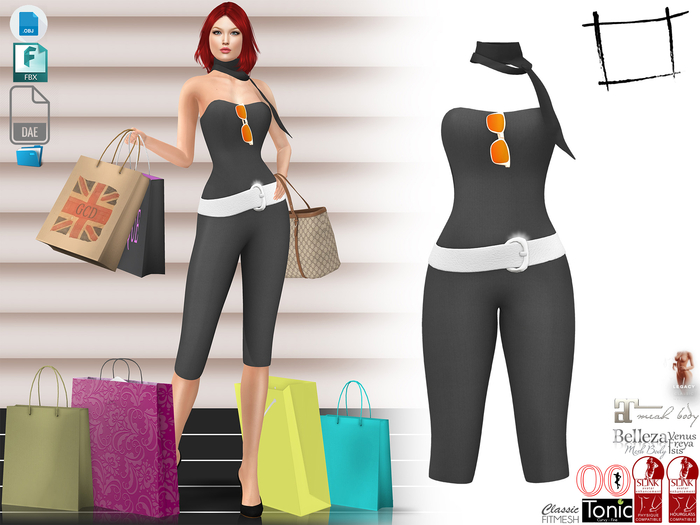 Dae Obj FBX For Black Jumpsuit With Hanging Glasses Belt and Scarf Slink,Maitreya,Belleza,Tonic,Legacy