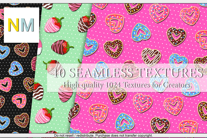 Valentine Sweets Patterns Kit 10 Seamless Textures NM Valentines Day Strawberries Candy Chocolate Sweets Polka Dots