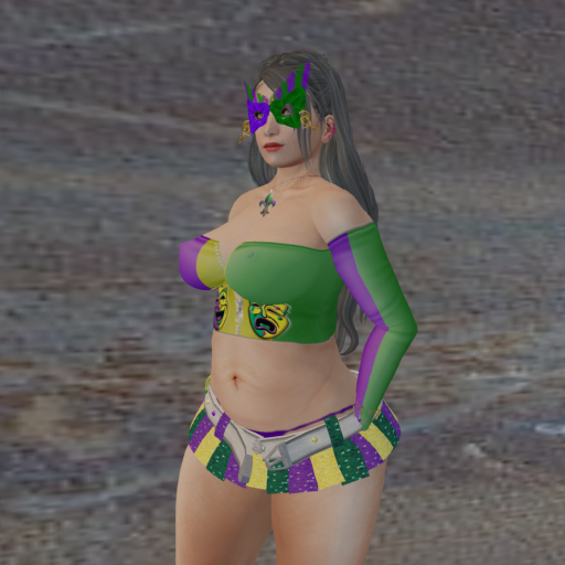 Second Life Marketplace Mardi Gras OutfitTopSkirtPantiesNecklaceMask