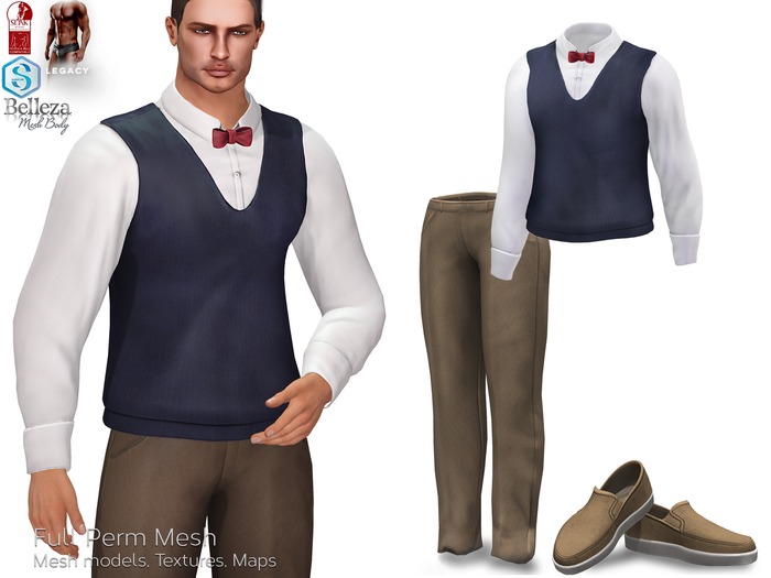 Full Perm Mesh Men's Casual Outfit (Shirt Vest- Pants - Shoes) Signature Gianni, Slink Male, Belleza Jake, Legacy