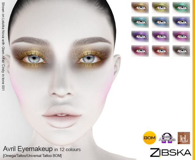 Zibska ~ Avril Eyemakeup in 12 colors with Omega appliers, tattoo and universal tattoo BOM layers